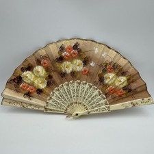 VTG Asian Folding Hand Fan W/ Gilded Bakelite Handle 2 Sided Floral