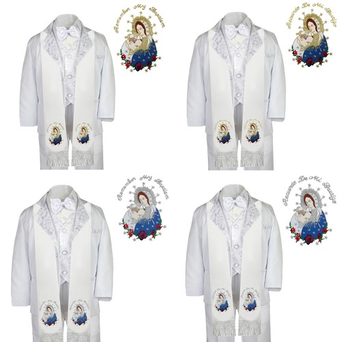 6pc Baptism White Tuxedo English Spanish Silver Gold Pope Virgin Mary Stole S-20