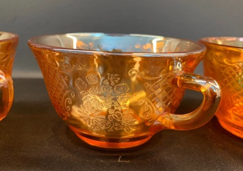 Set of 4 - Vintage Federal Marigold Iridescent Depression Glass Normandie Cups