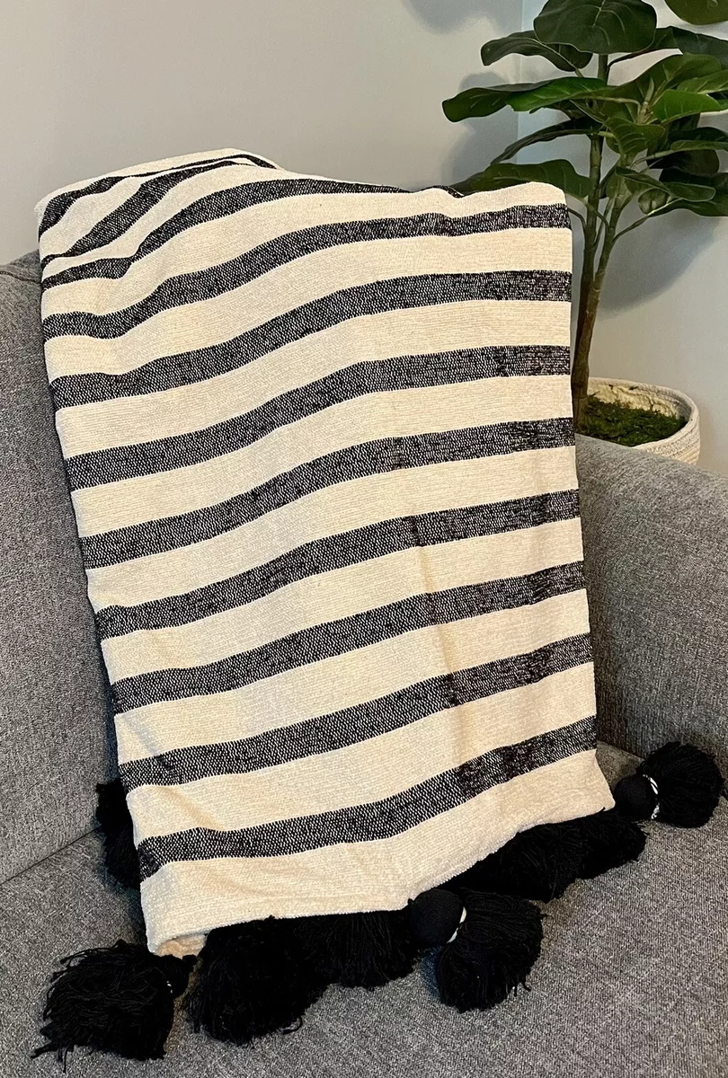 Anthropologie Throw Blanket Black Striped Woven W Tufted Tassels Home Decor