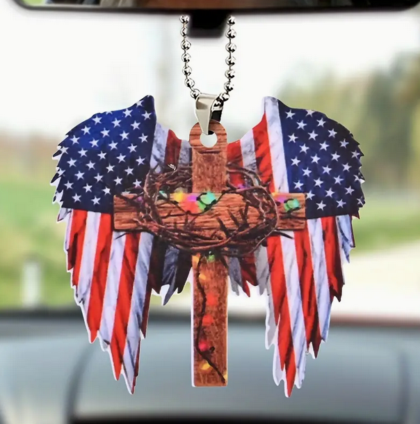 American Flag Wing Cross Car Hanging Ornament Christian Rearview