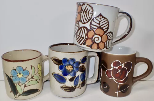 (4) Vintage Retro Stoneware Coffee Mugs Cups w/ various Flower Decor