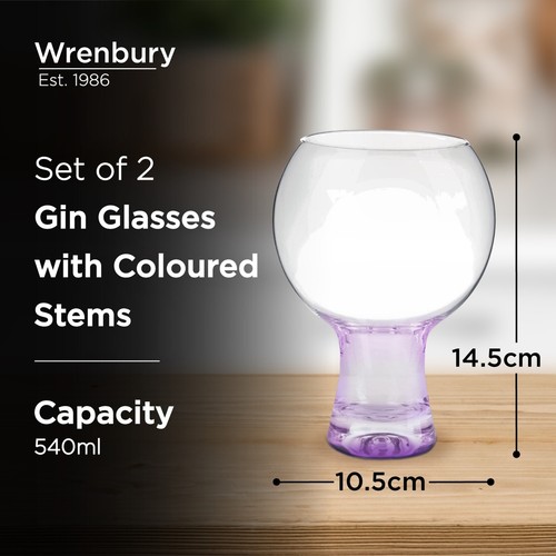 Wrenbury Set of 2 Gin Glasses - Short Stem 540ml with Purple Tint - Picture 2 of 7