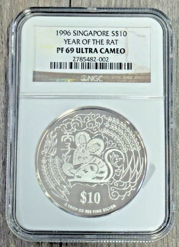 1996 Singapore $10 Lunar Series The Year of the Rat 2 oz Silver PF 69 NGC