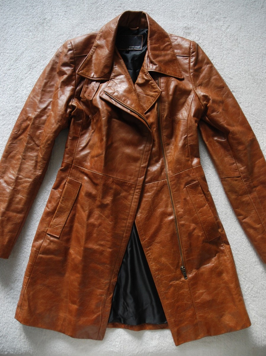 SC Paris SILVER COAT Camel Brown Vintage Style 100% Leather Trench Jacket XS