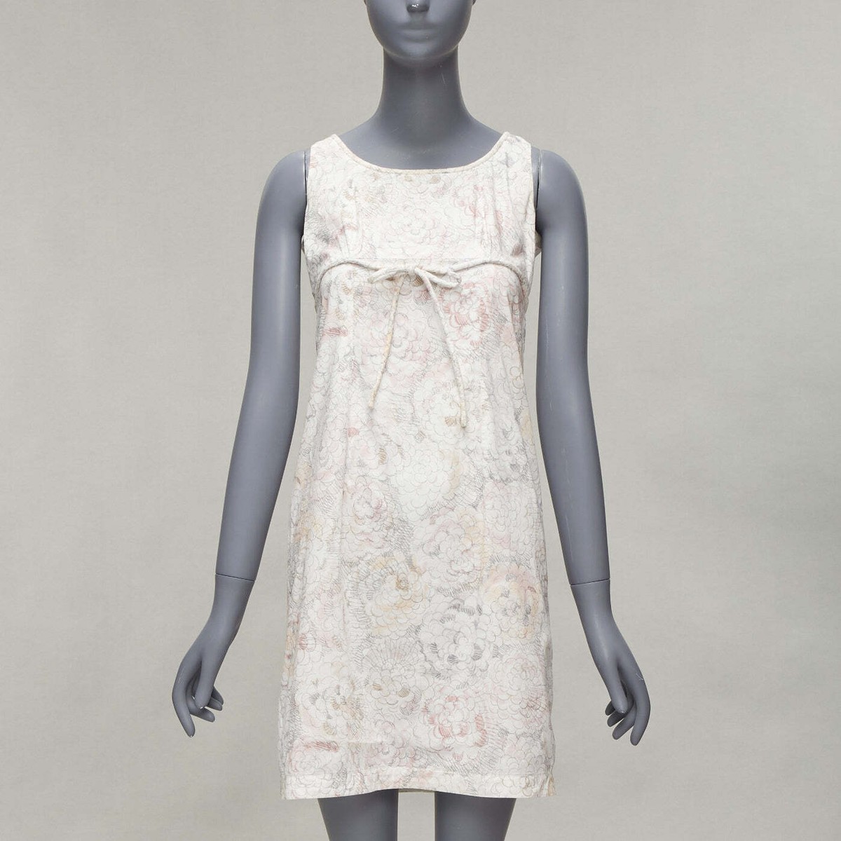 CHANEL white pink floral camellia print front bow tie mod
