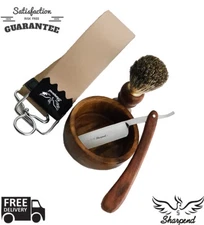 Barber Shaving Kit Set Straight Razor Shaving Brush Strop Wooden Box Father Gift