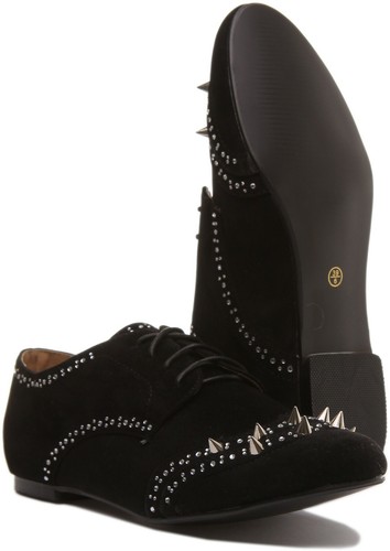 Mujer Cordones Metal Tachuelas Zapato Plano en Negro Ante Talla UK 3-8 - Imagen 6 de 13