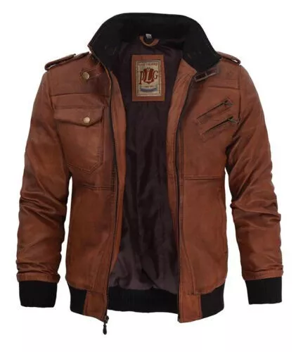 Mens Hood Zip-Up Crew Casual Stand Collar Removable Hood Sheep Leather Jacket