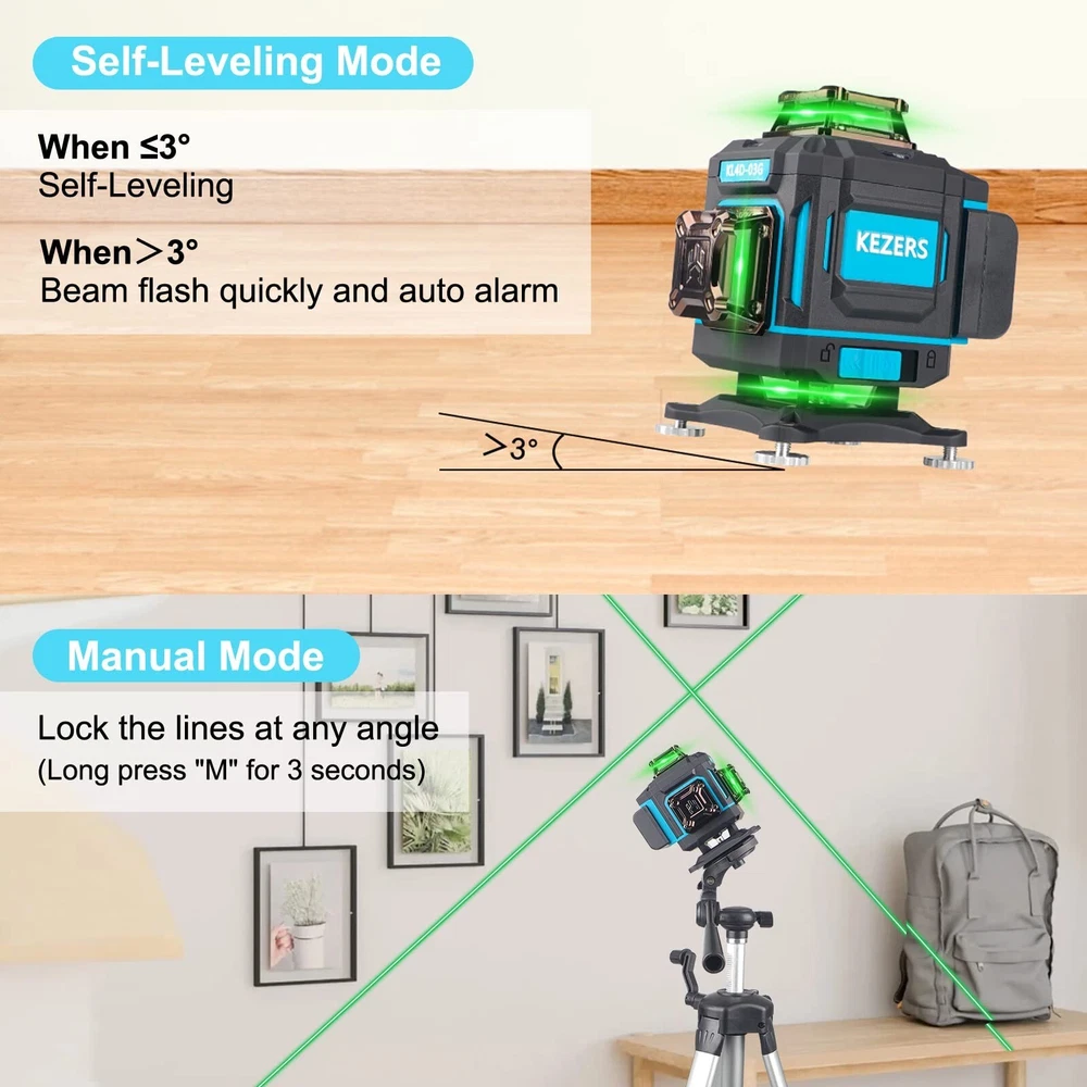 KEZERS Laser Level 360 Self Leveling,4 x 360 Laser Level with Screen Green La...