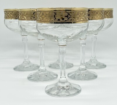 Set 6 Cristalleria Fratelli Fumo Crystal 24k Gold Rim Champagne Sherbet Glasses