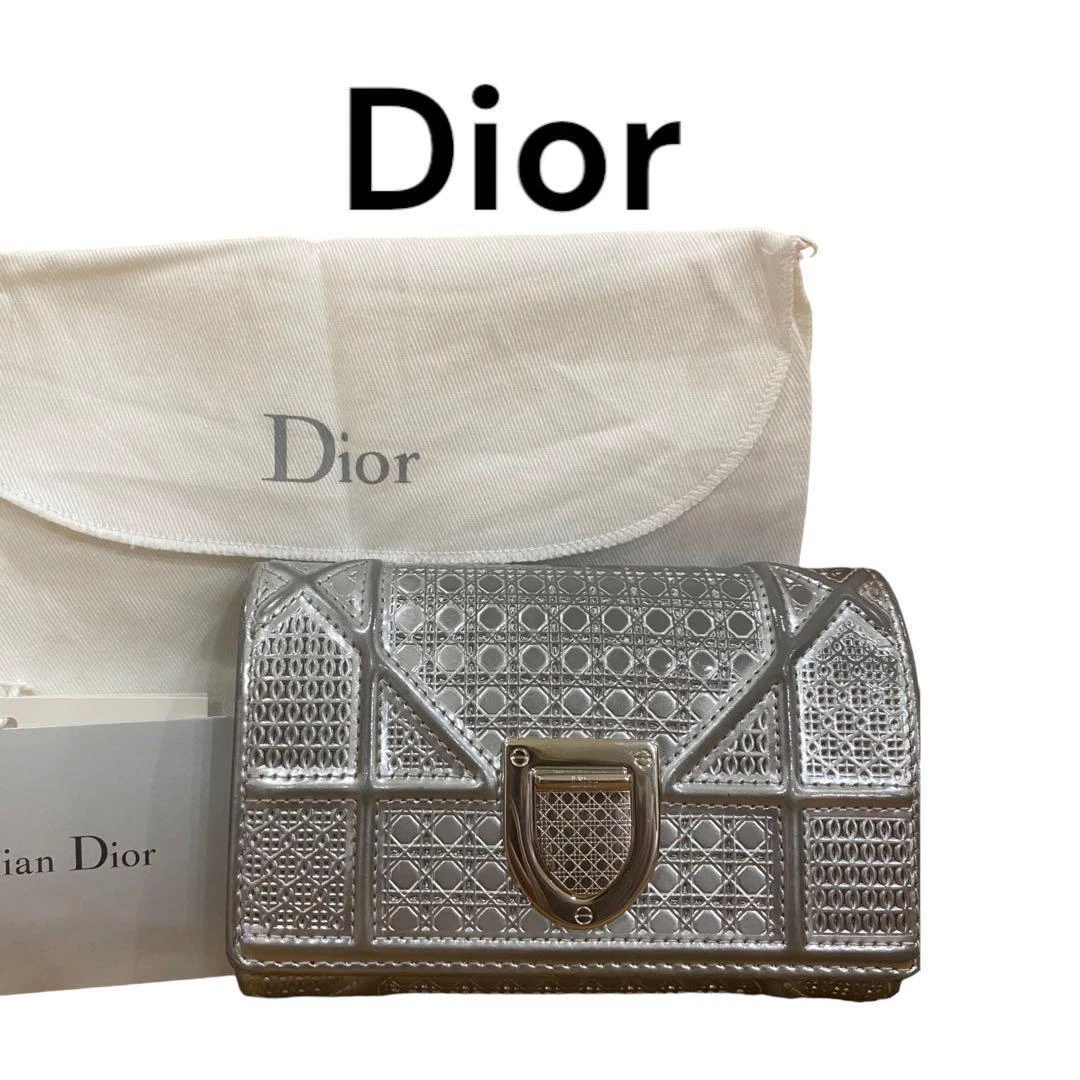 Christian Dior Portefeuille Bi Pliable Rabat Compact Sac à Main Diorama Canage Quilting Argent