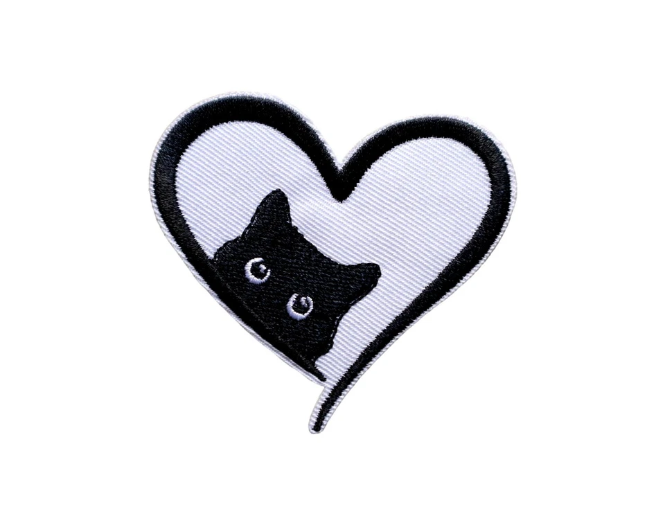 Black Cat in Heart Cute Animal Cat Love Black White Embroidered Iron On Patch - Image 2 of 3