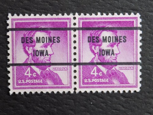 (1) USED PAIR OF PREC. stamps-4 C LINCOLN-W/A DE MOINES, IOWA. PC- - Picture 1 of 2