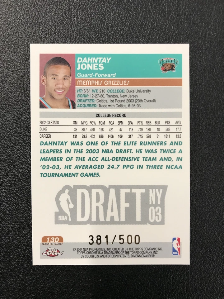 2003-04 Topps Chrome No130 Dahntay Jones Black Refractor /500 Memphis Grizzlies - Изображение 2 из 2