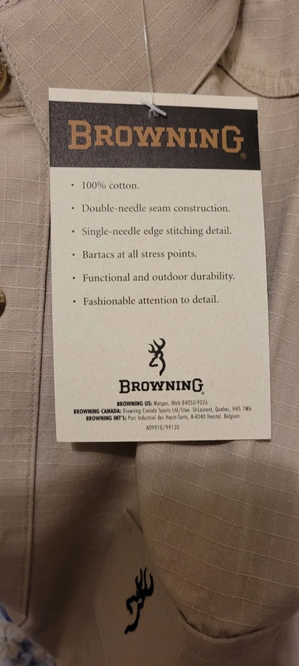 Browning Shooter Shirt Mens Beige Solid Khaki Padded Shoulder Vented Size M - Image 3 of 4