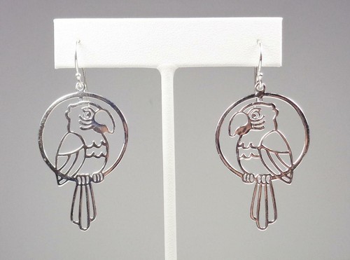 STERLING SILVER PARROTHEAD ISLAND TROPICAL PARROT BIRD ON PERCH ANIMAL EARRINGS - Picture 5 of 9