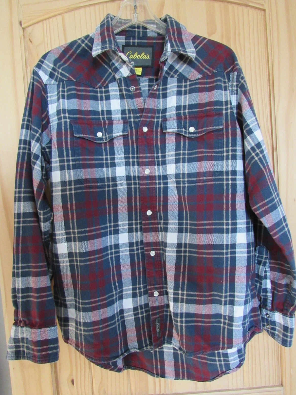 Cabela's Shirt Mens Medium Blue Red Plaid Flannel Pearl Snap Western Long Sleeve