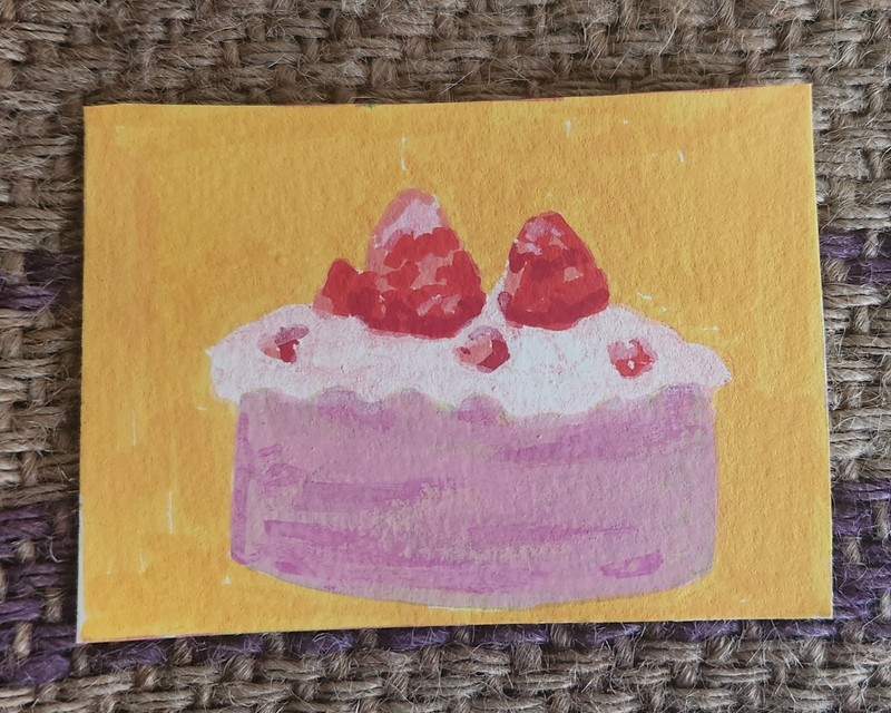 ACEO Original Painting Strawberry Cake Fresh Fruit Cute Pink Acrylic Marker  