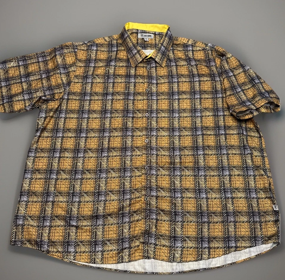 Camisa Stacy Adams Amarilla a Cuadros con Metálica Dorada Para Hombres 4XL Manga Corta Abotonada Foto 2 de 4
