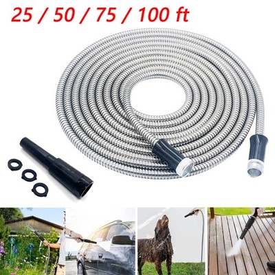 25/50/75/100FT Stainless Steel Metal Hose Pipe Flexible Garden Water Hose Pipe