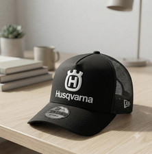 Husqvarna Logo Embroidered Black Mesh Adjustable Trucker Hat Cap Snapback