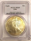 1996 MS69 $1 American Silver Eagle 1 Oz PCGS Blue Label With Toning