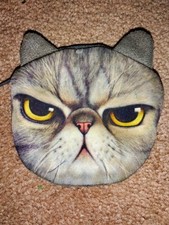 Cat Face Shaped Gray Coin Purse Pouch with Keychain Brand New 