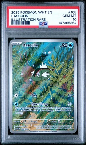 2025 POKEMON WHT EN-WHITE FLARE ILLUSTRATION RARE #108 BASCULIN PSA 10