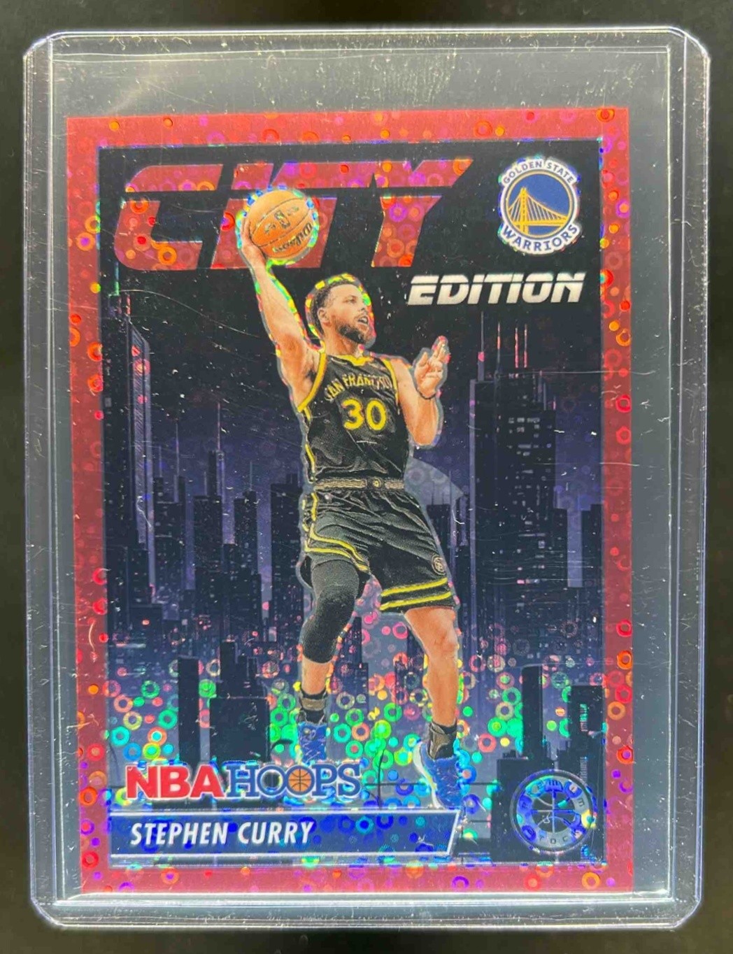2023-24 Hoops Premium Stock Stephen Curry City Edition Red Disco Prizm #40/99