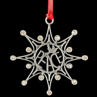 Camco Peace Dove Snowflake Pewter Ornament Rhinestone Crystals & Red Ribbon 3''