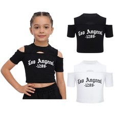 Girls Tees Short Sleeve Crop Top Workout T-shirt Letter Print Costume Jazz