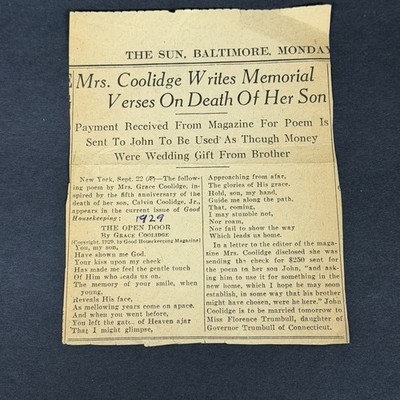 1929 Baltimore Sun Newspaper Clipping Grace Coolidge Memorial Poem Sons Death