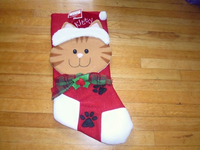 Kitty Cat Christmas Stocking Felt Paw Prints Holly Berry Bowtie Holiday Pet