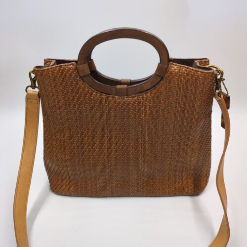 Vintage Fossil Purse Rattan Shoulder Bag Brown 75082 Wood Handle