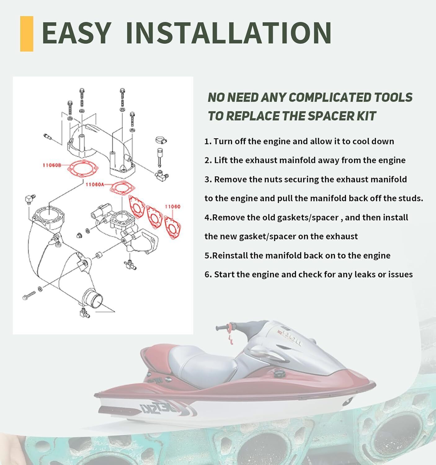 Exhaust Gaskets Repair Kit For Kawasaki Jet Skis 1100 ZXI, 1100 STX, Ultra 130