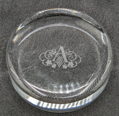 Tiffany & Co Crystal Glass Paper Weight Monogrammed ''A'' with Scroll Art 3.75 in