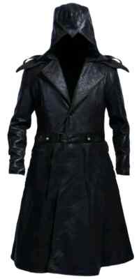 Men s Black Assassin Real Sheepskin Leather Coat Cape Cloak Jacket