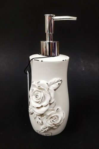 NEW MICHAEL AMINI 3D ROSE RESIN VINTAGE IVORY WHITE SOAP DISPENSER,SILVER PUMP - 第 1/5 張圖片