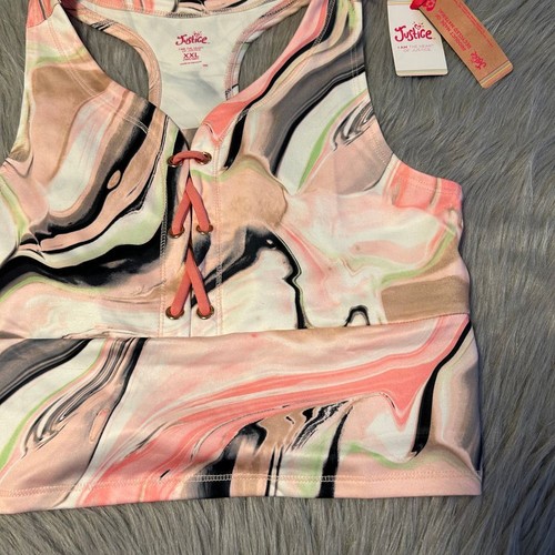 Justice Longline Lace Up Tank Top Girls Size XXL (16P/18P) Pink Marble Shirt - Picture 4 of 7