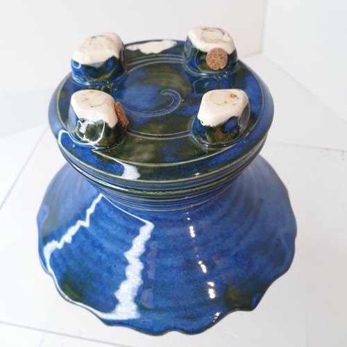 Art Pottery Vase Flower Frog Bev Freeburg Signed Hand Thrown Blue Green Pedestal - Picture 9 of 12