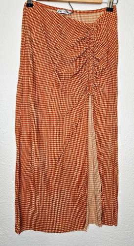 Zara Women Midi Straight Skirt Large Orange Gingham Ruched High Slit Stretch
