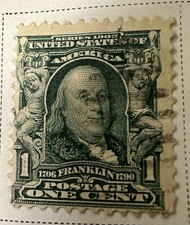 BEN FRANKLIN US Postage 1 Cent Stamp Green EXTREMELY RARE USED STAMP1900s VF