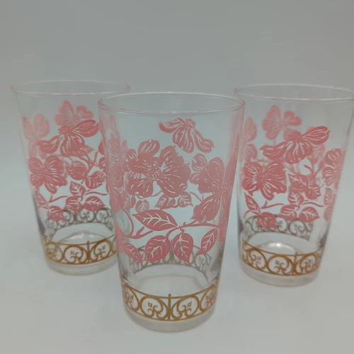 Federal Glass Pink Dogwood Flower & 22 Kt Gold Scroll 8 oz. Drinking Glasses Vtg