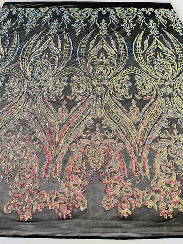 Damask Design Sequins Embroider 4 Way Stretch Mesh Fabric By Yard - Picture 2 of 4