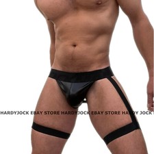Mens Leg Suspender Jockstrap Jockmail Underwear Jock Strap in Black Faux Leather