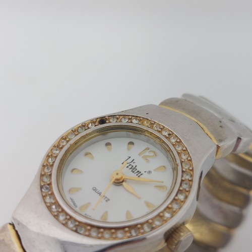 Viviani Gold Silver Bracelet Watch Rhinestone Gem Bezel White Round Face - Picture 3 of 11