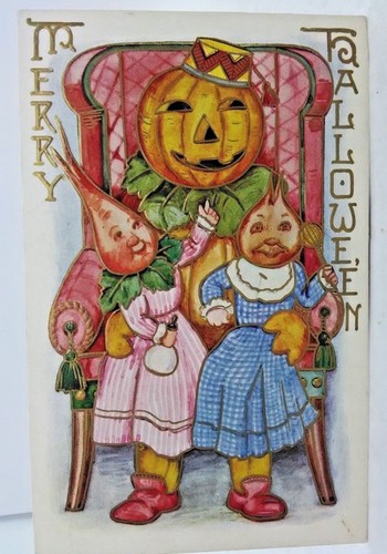 1908c Merry HALLOWEEN Postcard Pumpkinhead young girls Pumpkin - 第 1/3 張圖片