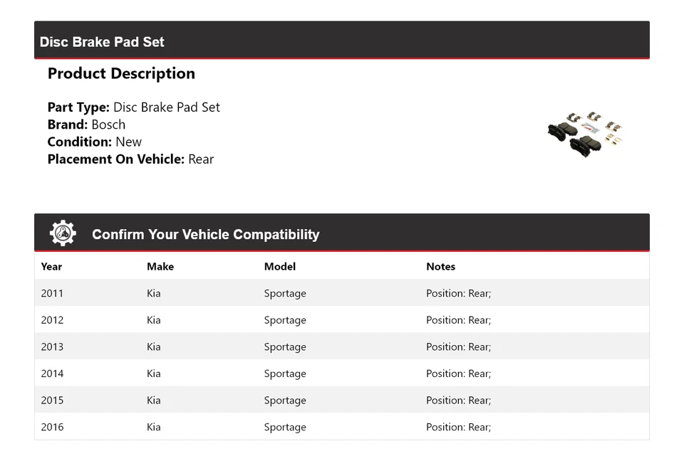 Pastilhas de freio traseiras de cerâmica 2012 2013 para 2011-2016 Kia Sportage Bosch QuietCast - Imagem 2 de 4