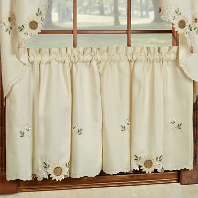 Sunflower Cream Embroidered Kitchen Curtain - 24 x 54 Tier Pair